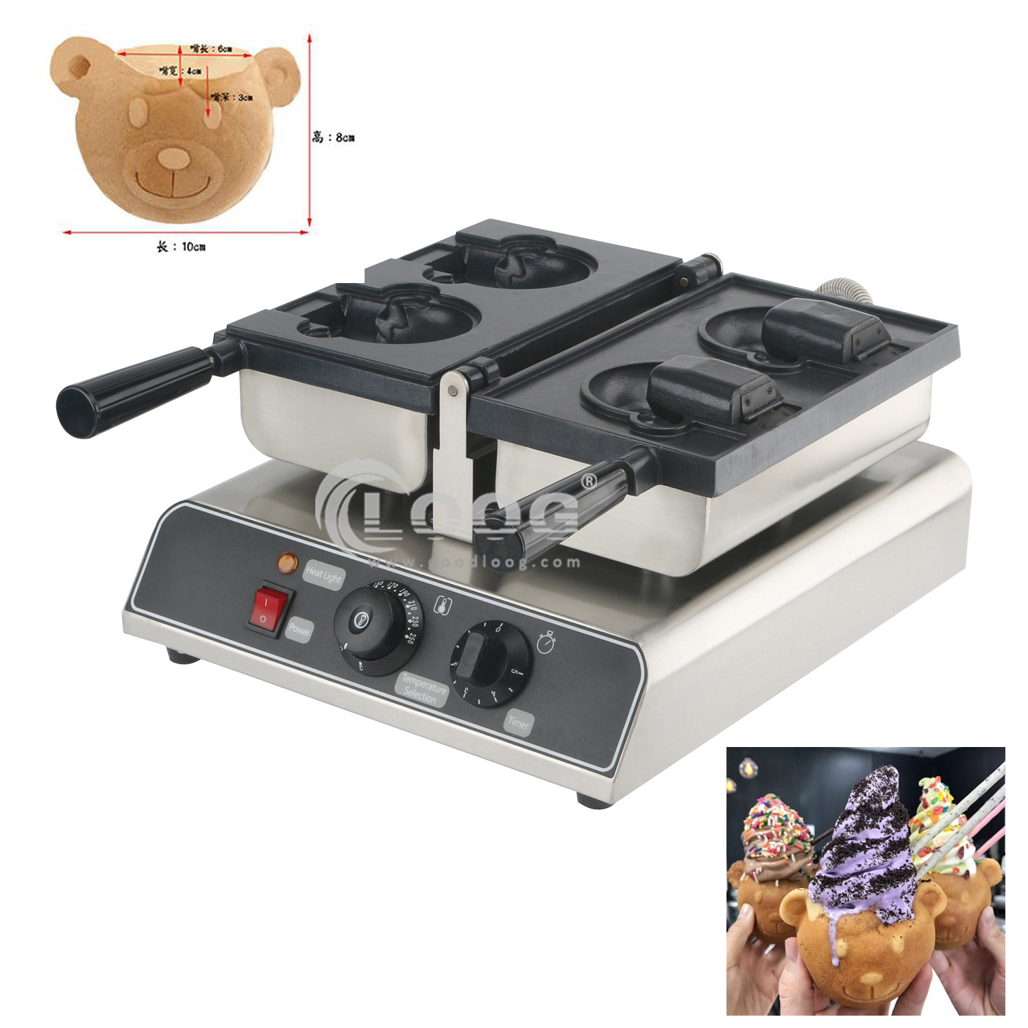 Hot Selling Electric Bear Ice Cream Cone Taiyaki Maker 2pcs Commercial  Open Mouth Bear Shapes Waffle Cone Machine