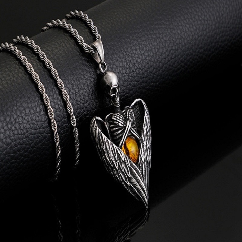 Skull Mens Heart Stainless Steel Plated 18k Gold Large Silver Angel Wing Pendant