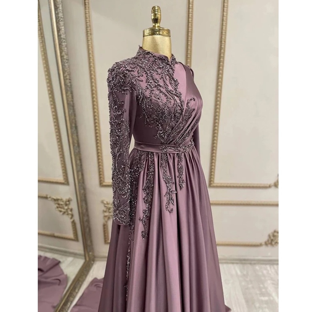 Modest Lace Applique Satin Evening Dresses for Muslim Women Retro Robe 2023 Arab Soiree Formal Party Gowns with Long Sleeves