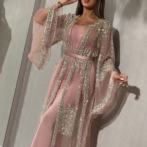 Islamic Dubai 2 Pieces Batwing Dress Elegant Arabic Muslim Abaya Long Chiffon Formal Evening Party Caftans Dresses for Women