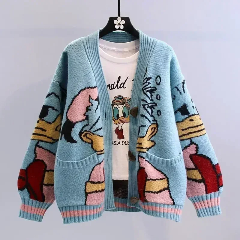 2023 Knitted Cardigan Korean Woollen Cartoon Sweaters for Women Coat Female Autumn and Winter Loose Wild Thicken Kawaii Tops