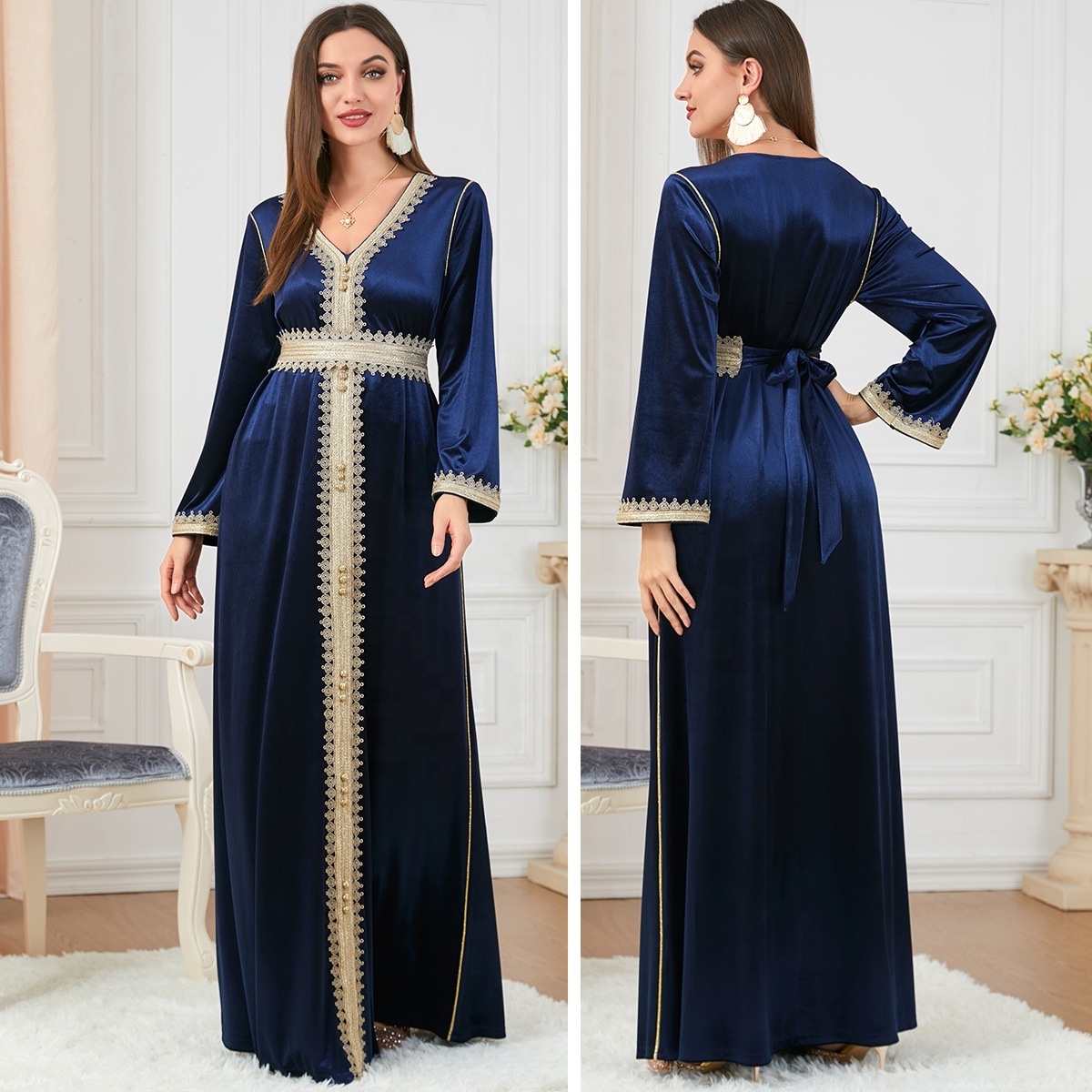 Muslim Abayas For Women Floral Embroidery Moroccan Caftan Belt Long Sleeve Luxury Velvet Split Hem Slim A-Line Party Dresses