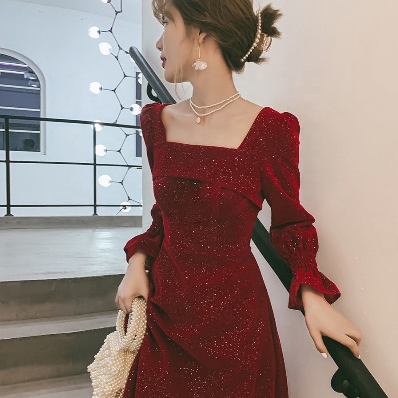 Women Casual Dresses Fashion Retro Velvet Dress Female Korean Style Square Collar Red Christmas Maxi Long Dresses for Women