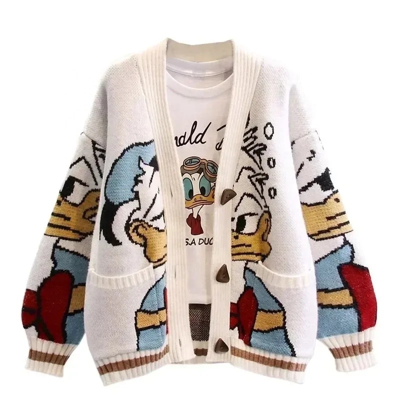 2023 Knitted Cardigan Korean Woollen Cartoon Sweaters for Women Coat Female Autumn and Winter Loose Wild Thicken Kawaii Tops