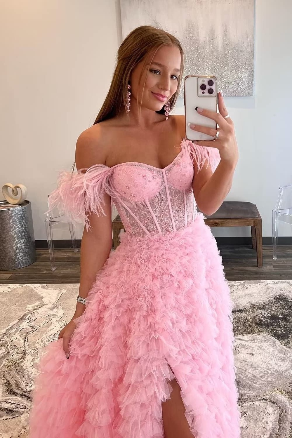 Corset Back Tiered Ruffle Tulle Prom Dresses Layered Ball Gown Illusion Feather Off Shoulder Formal Dress for Women with Train