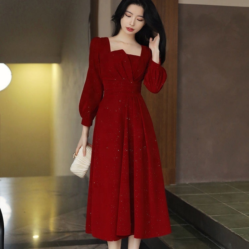 Women Casual Dresses Fashion Retro Velvet Dress Female Korean Style Square Collar Red Christmas Maxi Long Dresses for Women