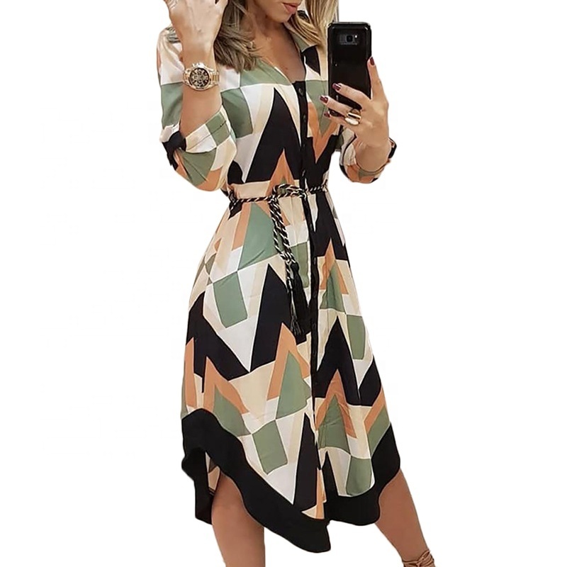 2022 New Arrival Cross Bandage V-neck Women Shirt Dresses Multicolor Feminino Geometric Grid Print Casual Shirt Dress Female