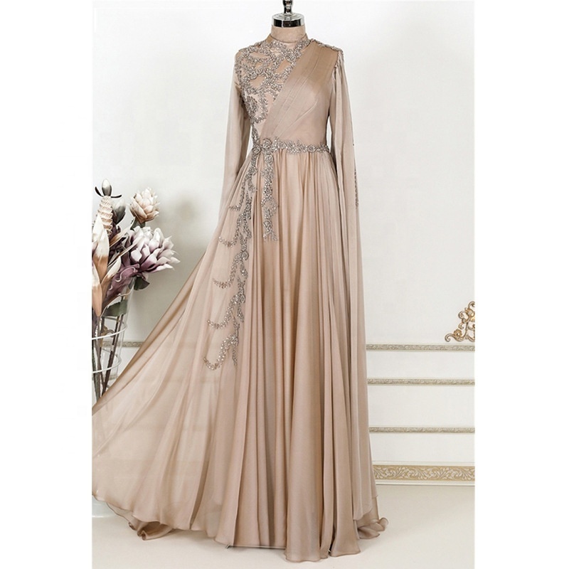 Modest Lace Applique Satin Evening Dresses for Muslim Women Retro Robe 2023 Arab Soiree Formal Party Gowns with Long Sleeves