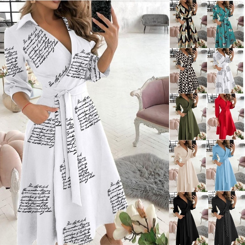 2022 New Arrival Cross Bandage V-neck Women Shirt Dresses Multicolor Feminino Geometric Grid Print Casual Shirt Dress Female