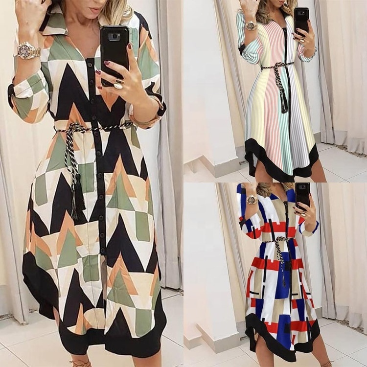 2022 New Arrival Cross Bandage V-neck Women Shirt Dresses Multicolor Feminino Geometric Grid Print Casual Shirt Dress Female