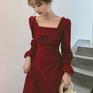 Women Casual Dresses Fashion Retro Velvet Dress Female Korean Style Square Collar Red Christmas Maxi Long Dresses for Women