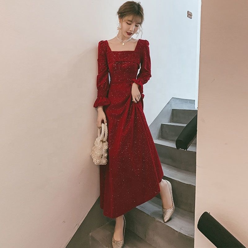 Women Casual Dresses Fashion Retro Velvet Dress Female Korean Style Square Collar Red Christmas Maxi Long Dresses for Women