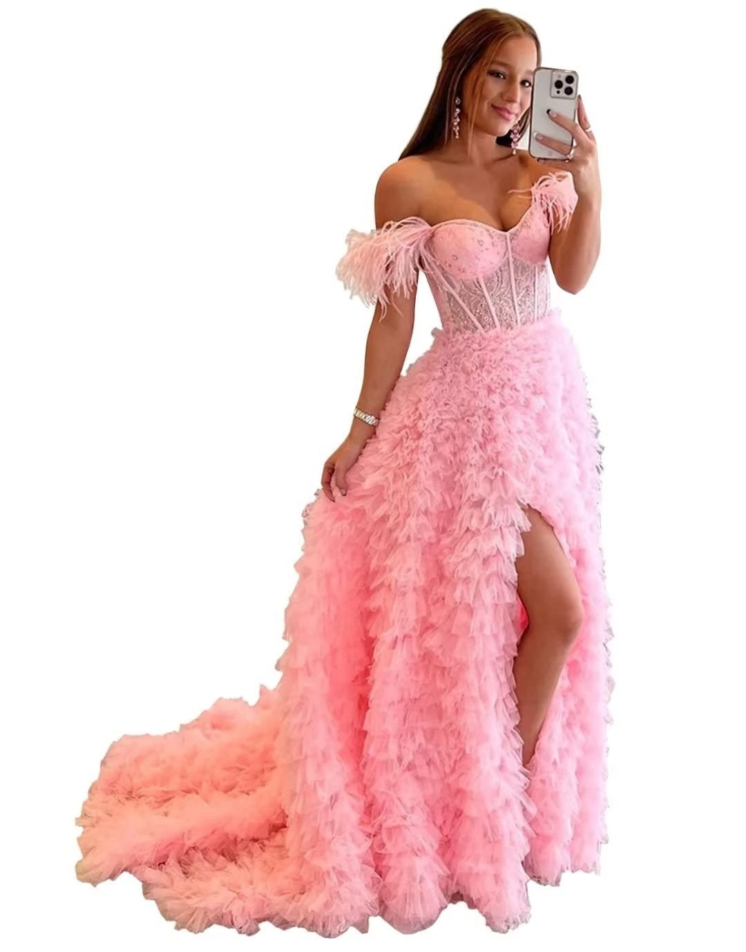 Corset Back Tiered Ruffle Tulle Prom Dresses Layered Ball Gown Illusion Feather Off Shoulder Formal Dress for Women with Train