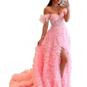 Corset Back Tiered Ruffle Tulle Prom Dresses Layered Ball Gown Illusion Feather Off Shoulder Formal Dress for Women with Train