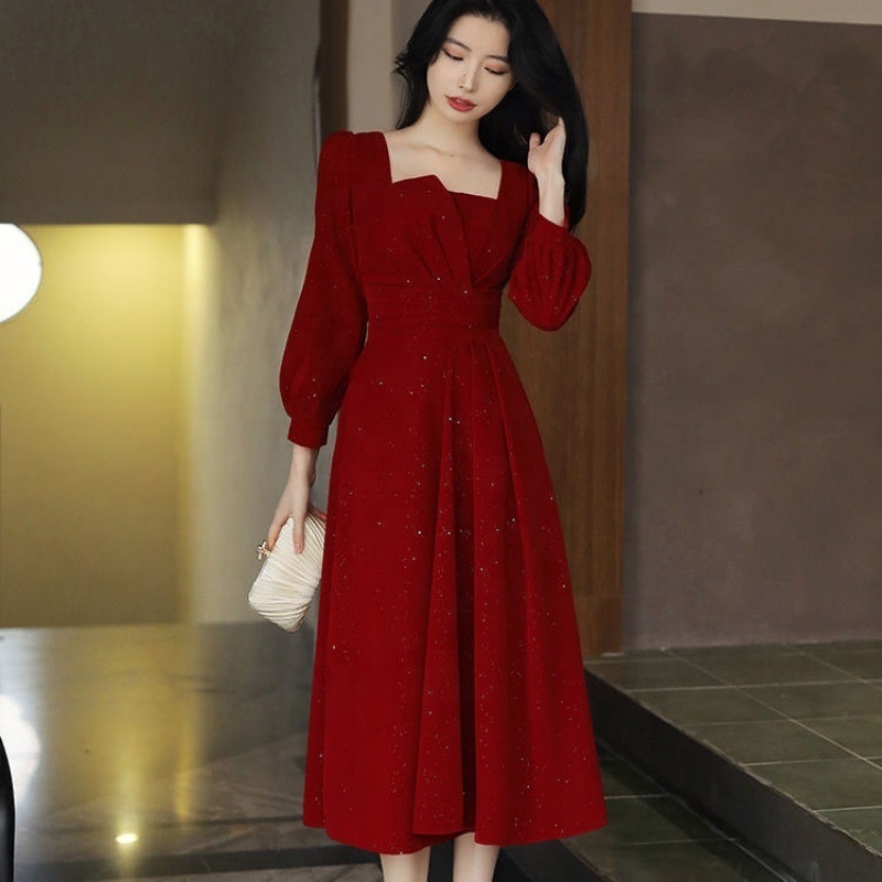 sachin and babi light blue dress Women Casual Dresses Fashion Retro Velvet Dress Female Korean Style Square  Collar Red Christmas Maxi Long Dresses for Women