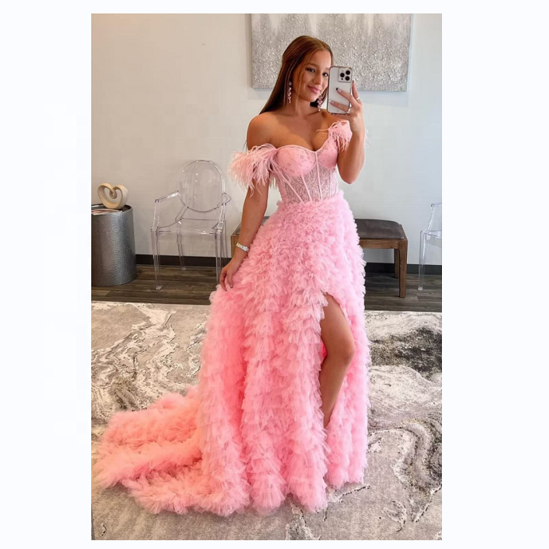 Corset Back Tiered Ruffle Tulle Prom Dresses Layered Ball Gown Illusion Feather Off Shoulder Formal Dress for Women with Train