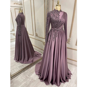 Modest Lace Applique Satin Evening Dresses for Muslim Women Retro Robe 2023 Arab Soiree Formal Party Gowns with Long Sleeves