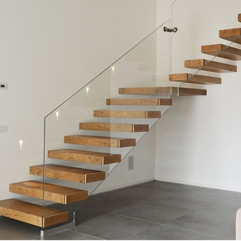 Floating Staircase/Hidden Cantilever Stairs and Wood Step Enter Wall Type Stair with Glass