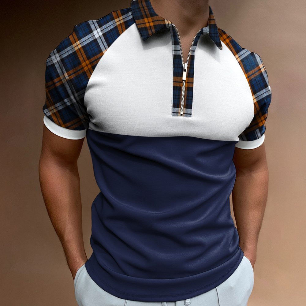 short sleeve polo shirt casual stripe plaid print zipper t-shirt   mens