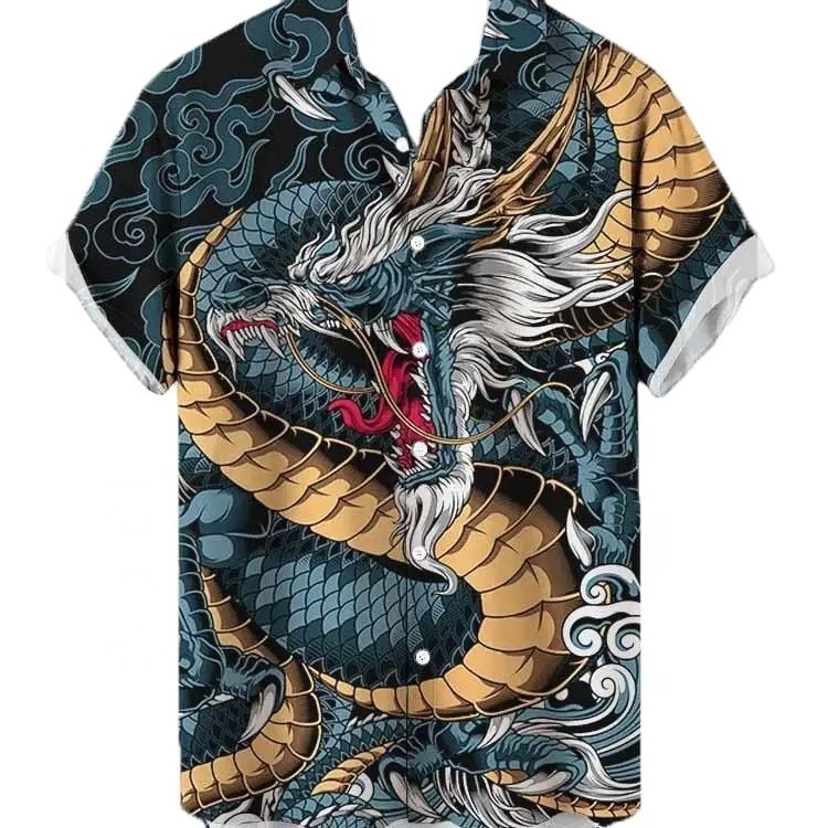 2023 Summer Men's Polo Collar Blouse Short-Sleeved 3D Digital Printing Dragon Pattern Lapel Cardigan New for Foreign Trade