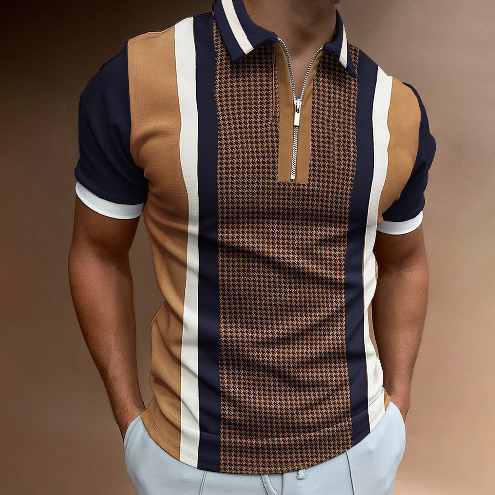 short sleeve polo shirt casual stripe plaid print zipper t-shirt   mens