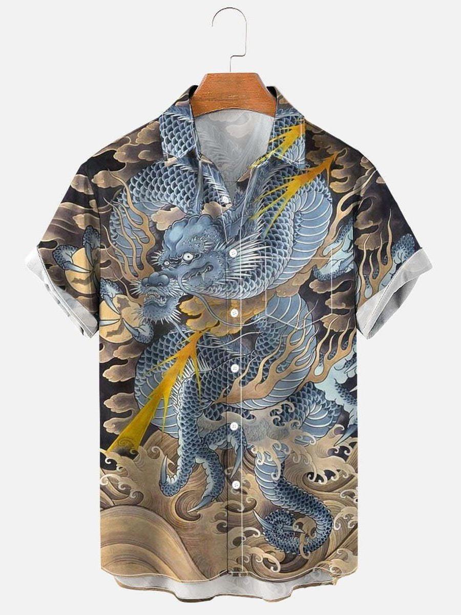 2023 Summer Men's Polo Collar Blouse Short-Sleeved 3D Digital Printing Dragon Pattern Lapel Cardigan New for Foreign Trade