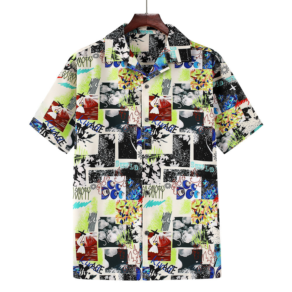 Men's 3D Digital Printed Hawaiian Shirt High Collar Button Closure Loose Fit Size XS for Summer & Foreign Trade