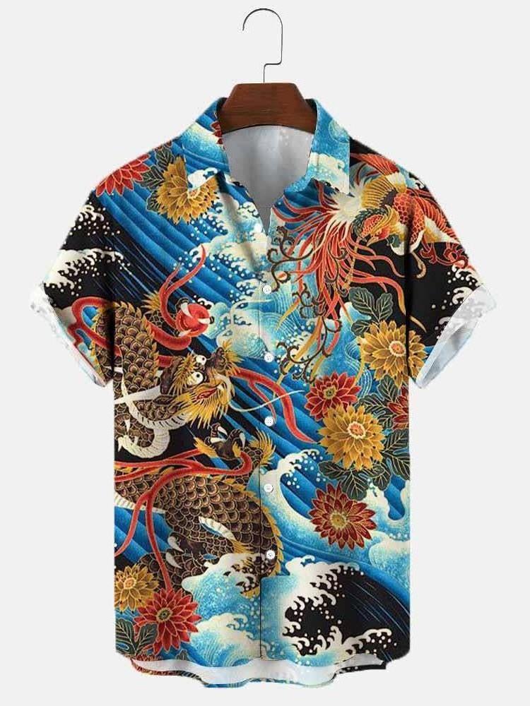 2023 Summer Men's Polo Collar Blouse Short-Sleeved 3D Digital Printing Dragon Pattern Lapel Cardigan New for Foreign Trade