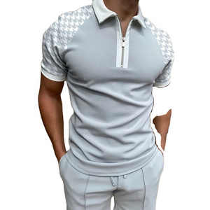 short sleeve polo shirt casual stripe plaid print zipper t-shirt   mens