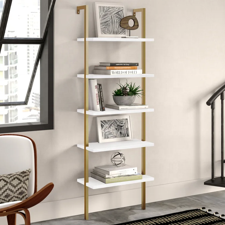 Hot selling modern 5-Shelf Oak Wood Modern Bookcase Open Wall Mount Ladder Bookshelf with Industrial Black Metal Frame