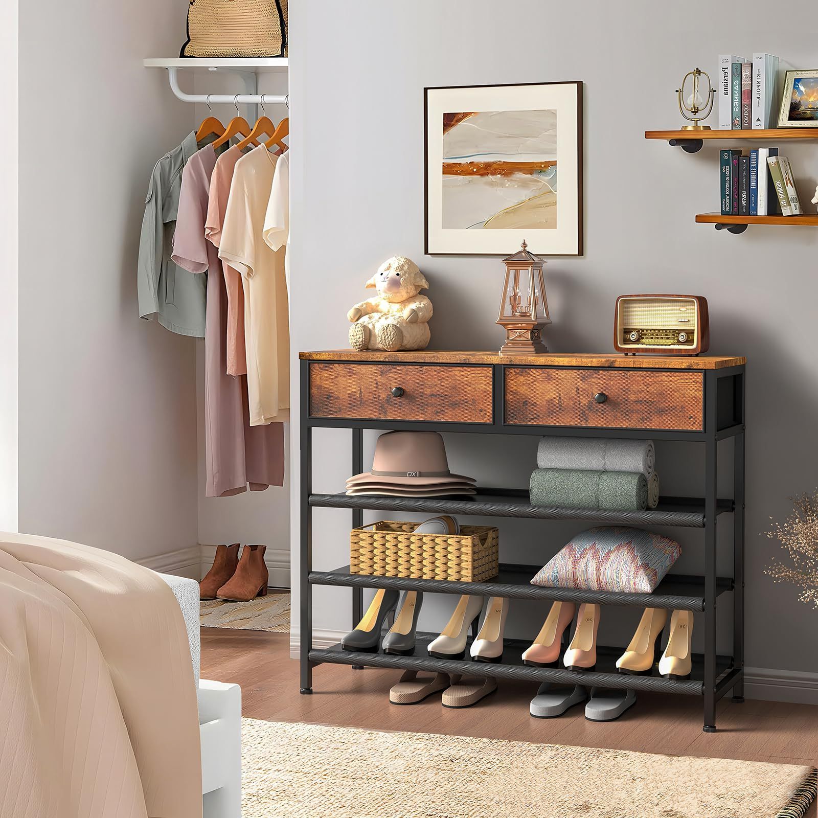 Modern 4 Tier Shoe Rack with 2 Drawers Entryway Storage Organizer Metal Shoe Shelf for Living Room Entry Closet