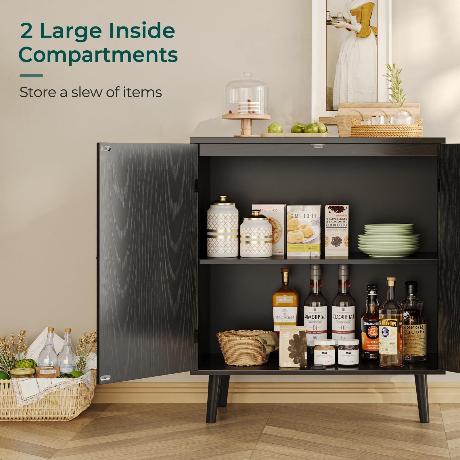 Buffet Storage Cabinet 2 Doors Kitchen Entryway Living Room Black Cabinet Solid Wood Feet Sideboard Accent Cabinet