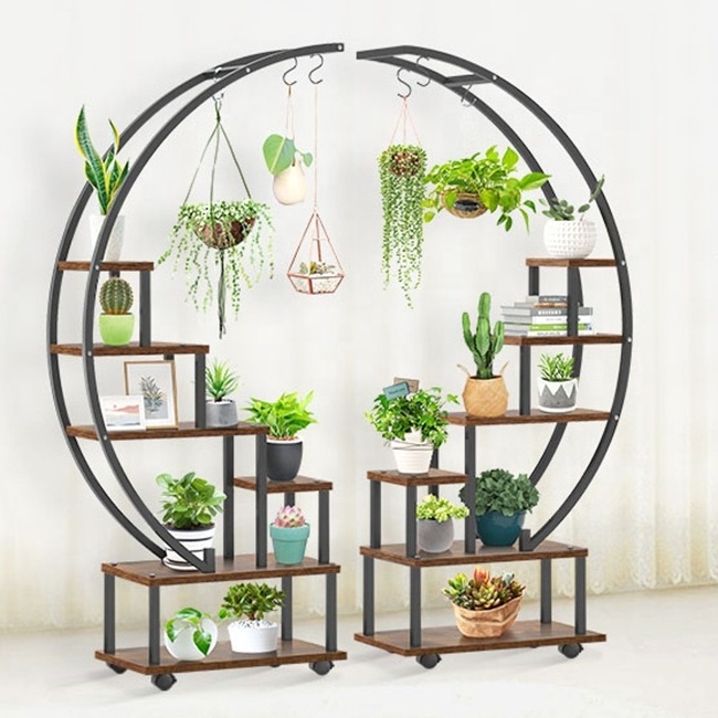 Half Moon Shaped Ladder Plant Shelf Living Room 2 pcs 6 Tier Tall Metal Indoor Plant Stands with Hanging Loop Plant Stand