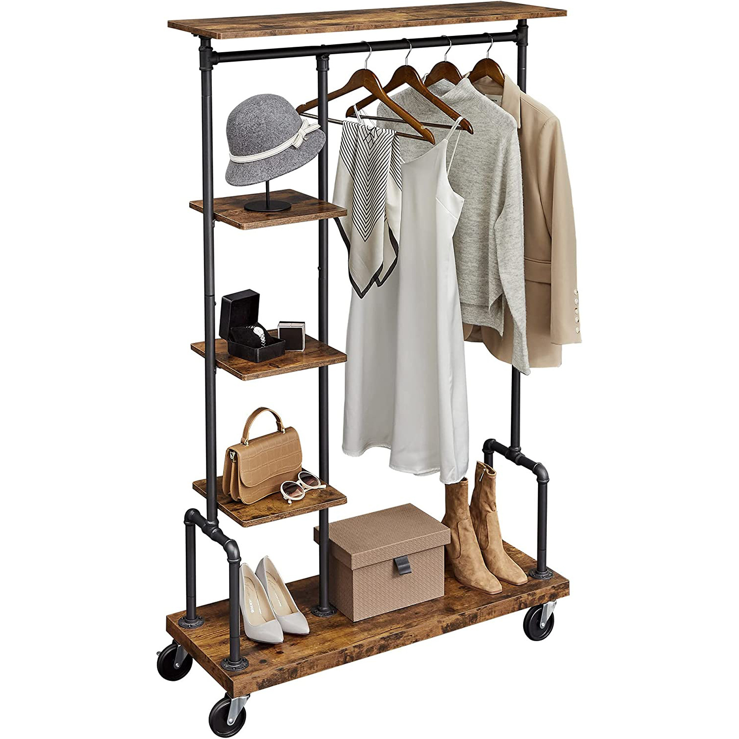 2-Tier Rolling Clothes Rack with 4 Coat Hooks Wheels on Shoes Entryway Garment Rack for Living Room Storage