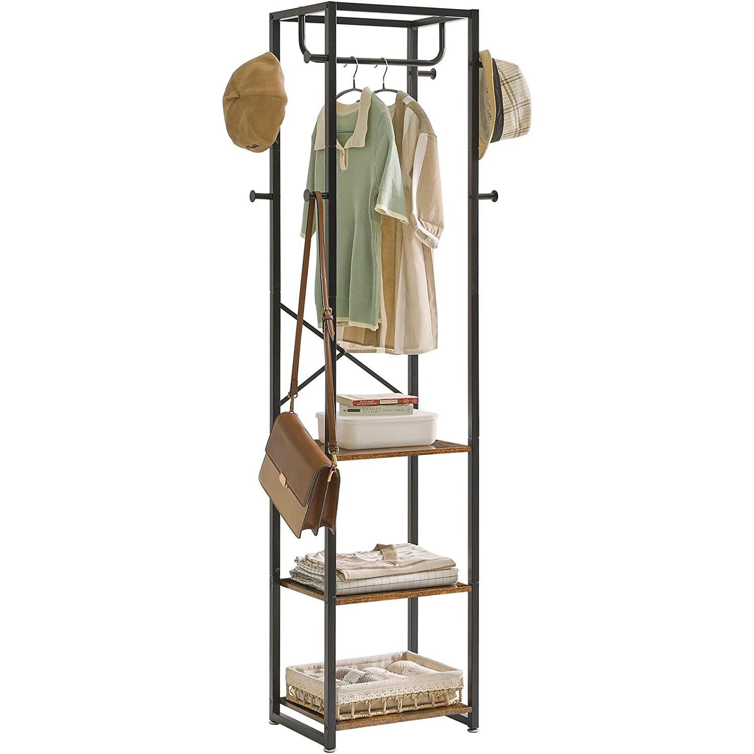 Modern 3-in-1 Multi-Functional Hall Tree Coat Rack Entryway Tree with Removable Hooks for Coat Shoe Hat Storage Bench