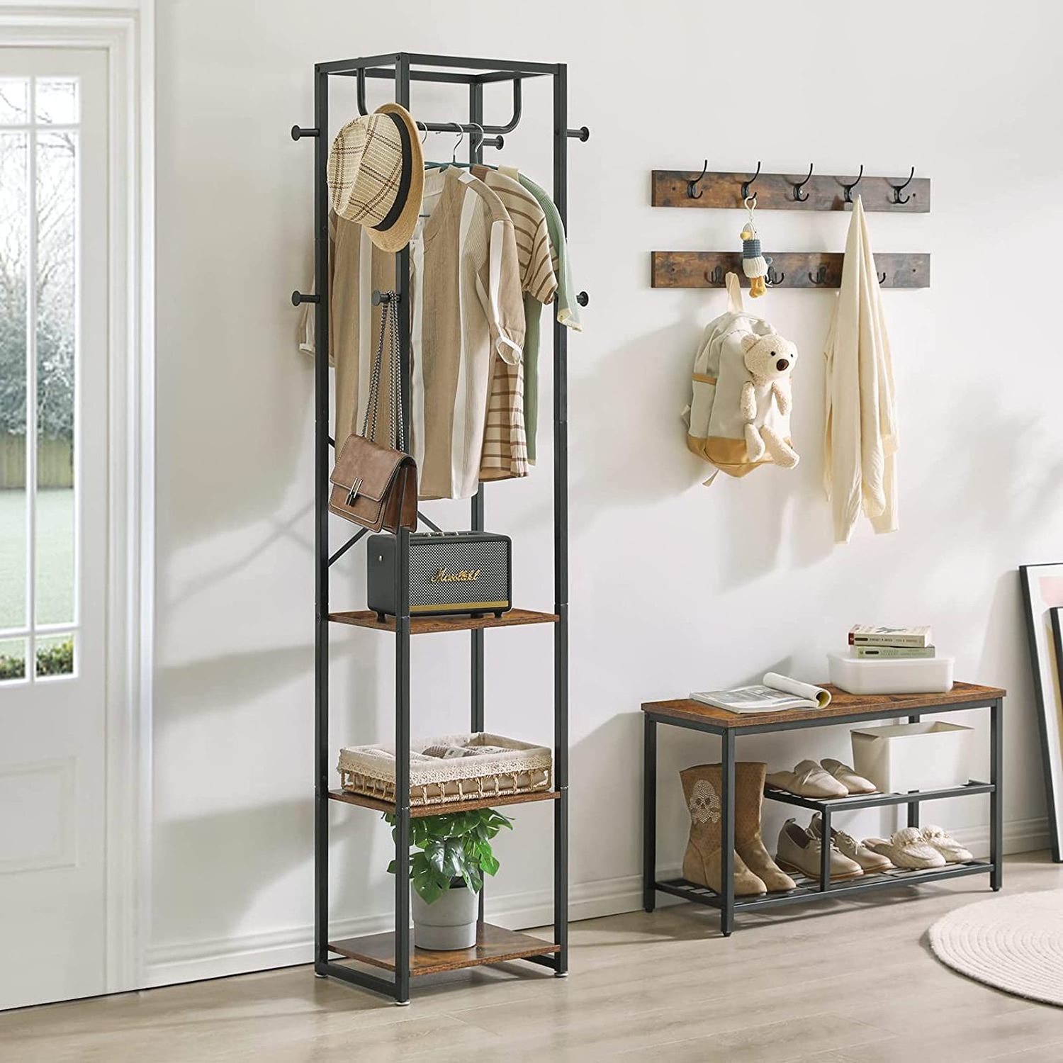 Modern 3-in-1 Multi-Functional Hall Tree Coat Rack Entryway Tree with Removable Hooks for Coat Shoe Hat Storage Bench