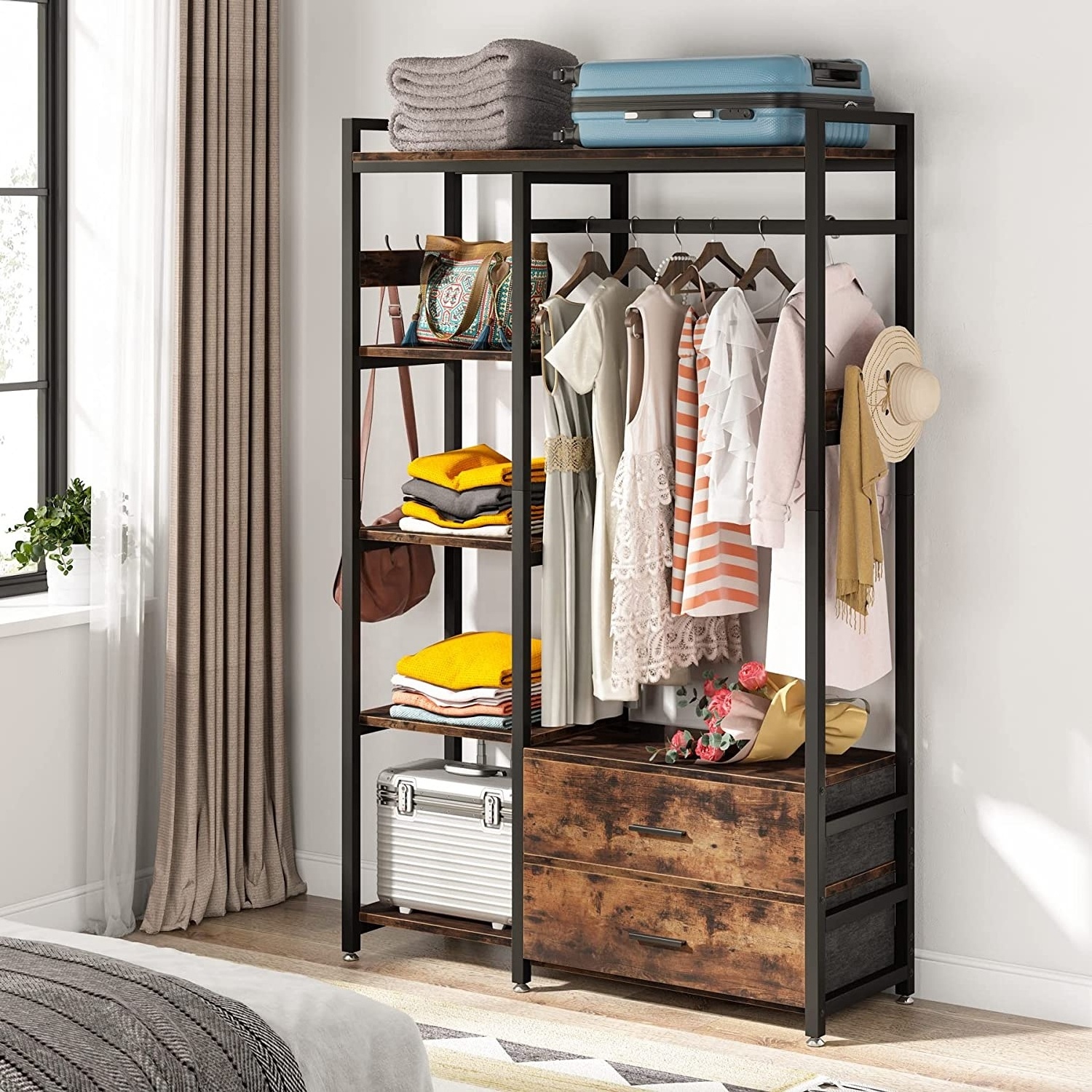 Freestanding Closet Organizer Clothes Rack with Drawers and Shelves Heavy Duty Garment Rack Hanging Clothing Wardrobe