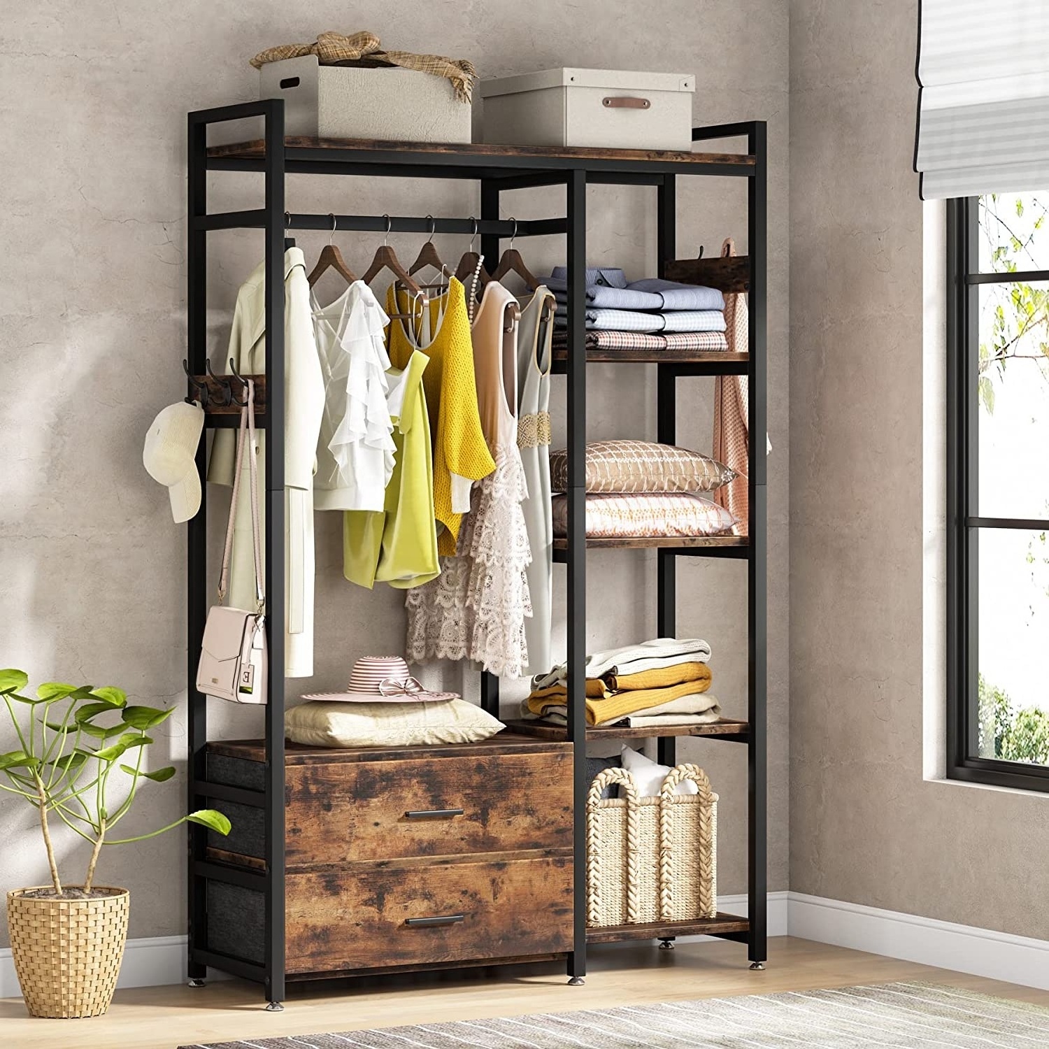 Freestanding Closet Organizer Clothes Rack with Drawers and Shelves Heavy Duty Garment Rack Hanging Clothing Wardrobe