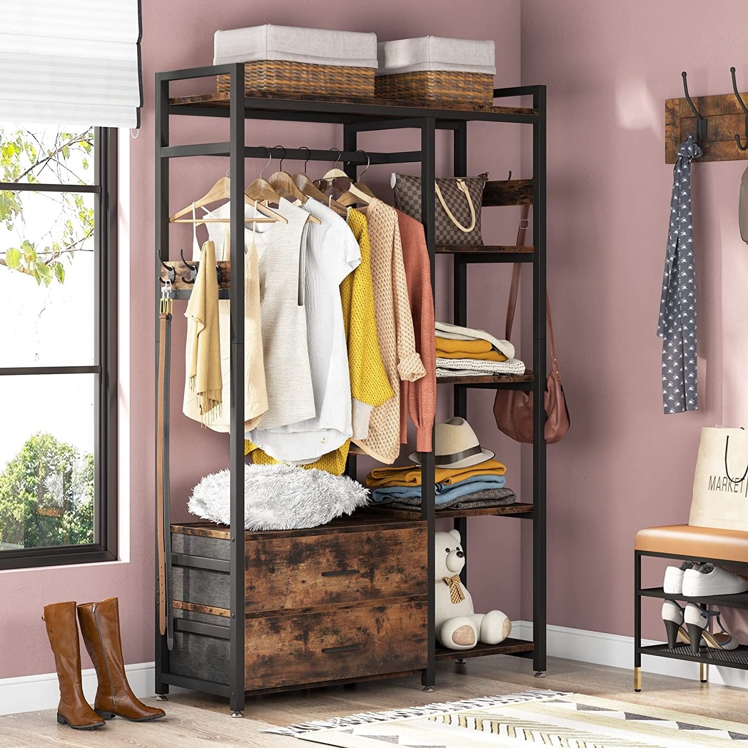 Freestanding Closet Organizer Clothes Rack with Drawers and Shelves Heavy Duty Garment Rack Hanging Clothing Wardrobe