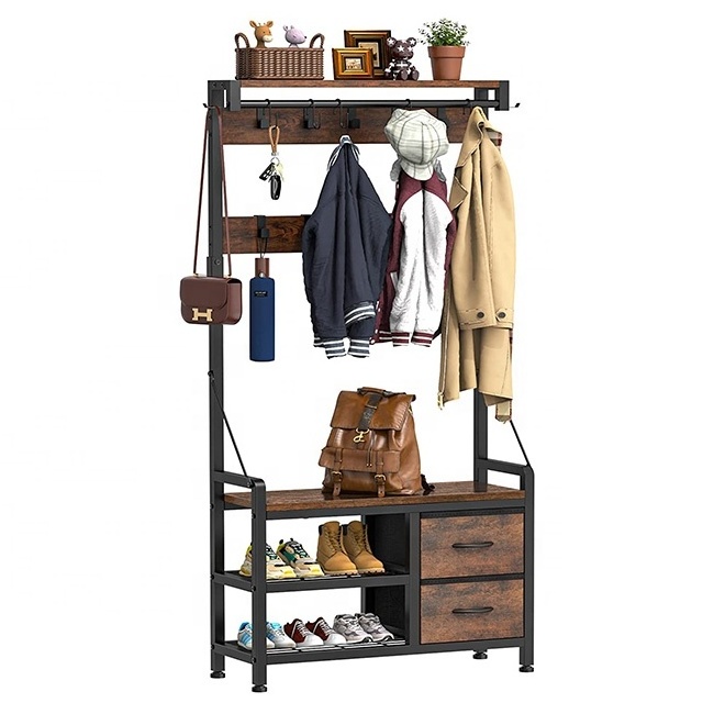 Industrial Metal Rustic Hall Tree Entryway Coat Rack and Shoe Stand with Shoe Storage Shelf for Laundry Application