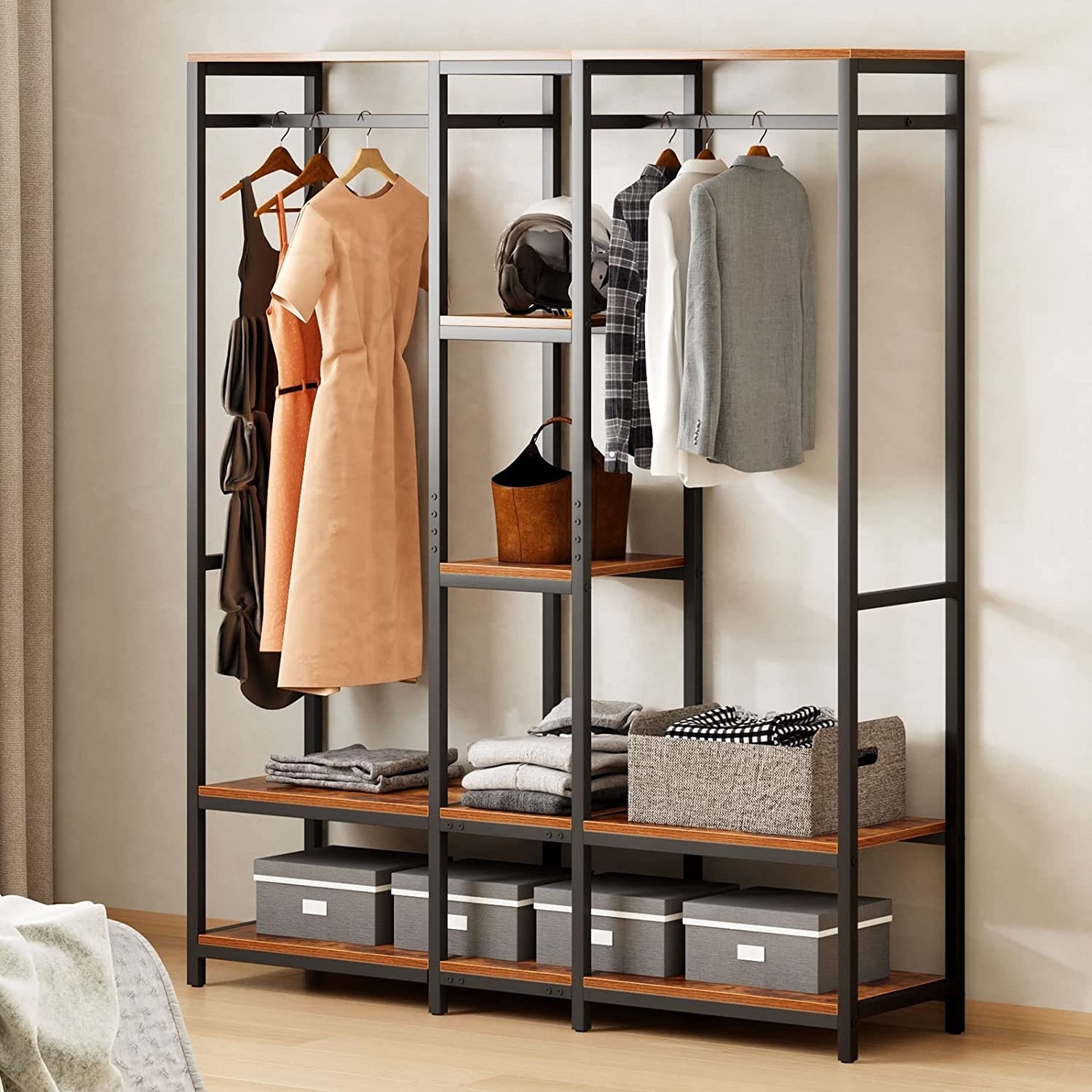 Garment Racks 5 Tiers Shelves Wholesale Entryway Industrial Wooden Metal Hall Tree Clothes Coat Hanging Shelf coat rack stand