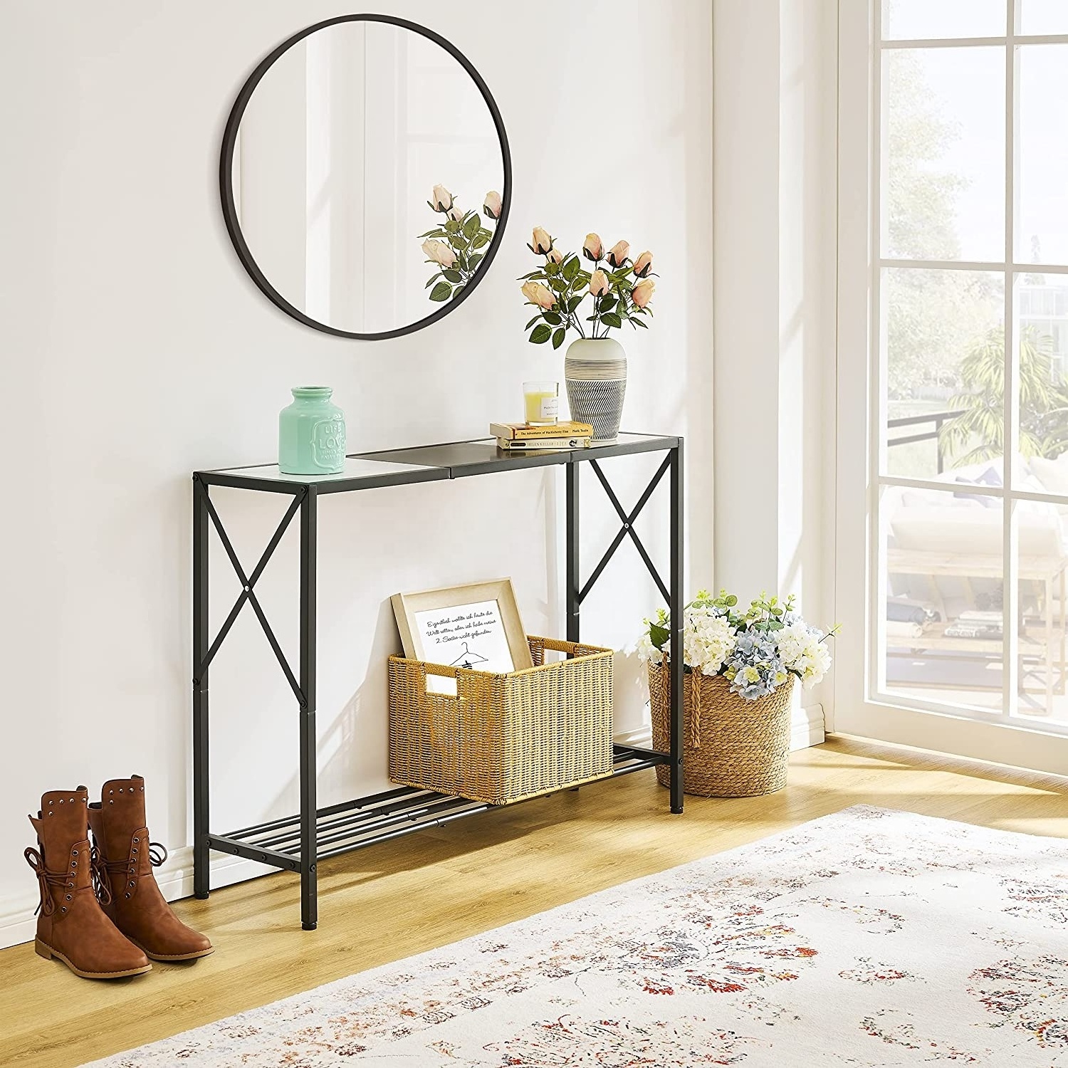 2 Tier Narrow Wood Console Table Shelf Multi-function Mobile Desk Industrial Entrance Table Skinny Side Table Plant Stand