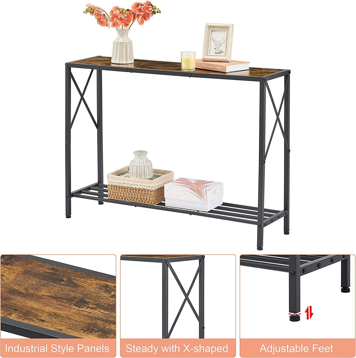 2 Tier Narrow Wood Console Table Shelf Multi-function Mobile Desk Industrial Entrance Table Skinny Side Table Plant Stand