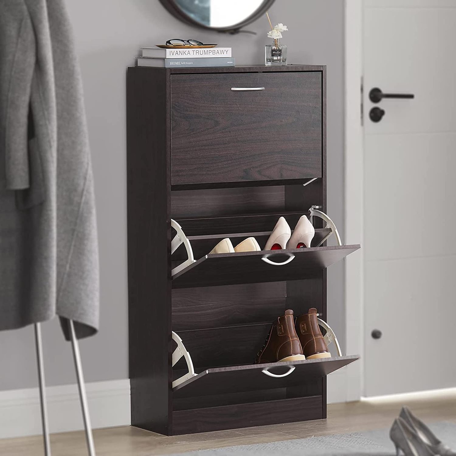 Modern grey color 4 tier shoe cabinet wooden shoe rack with storage drawer for home Brown Shoe Cabinet with Flip Drawers