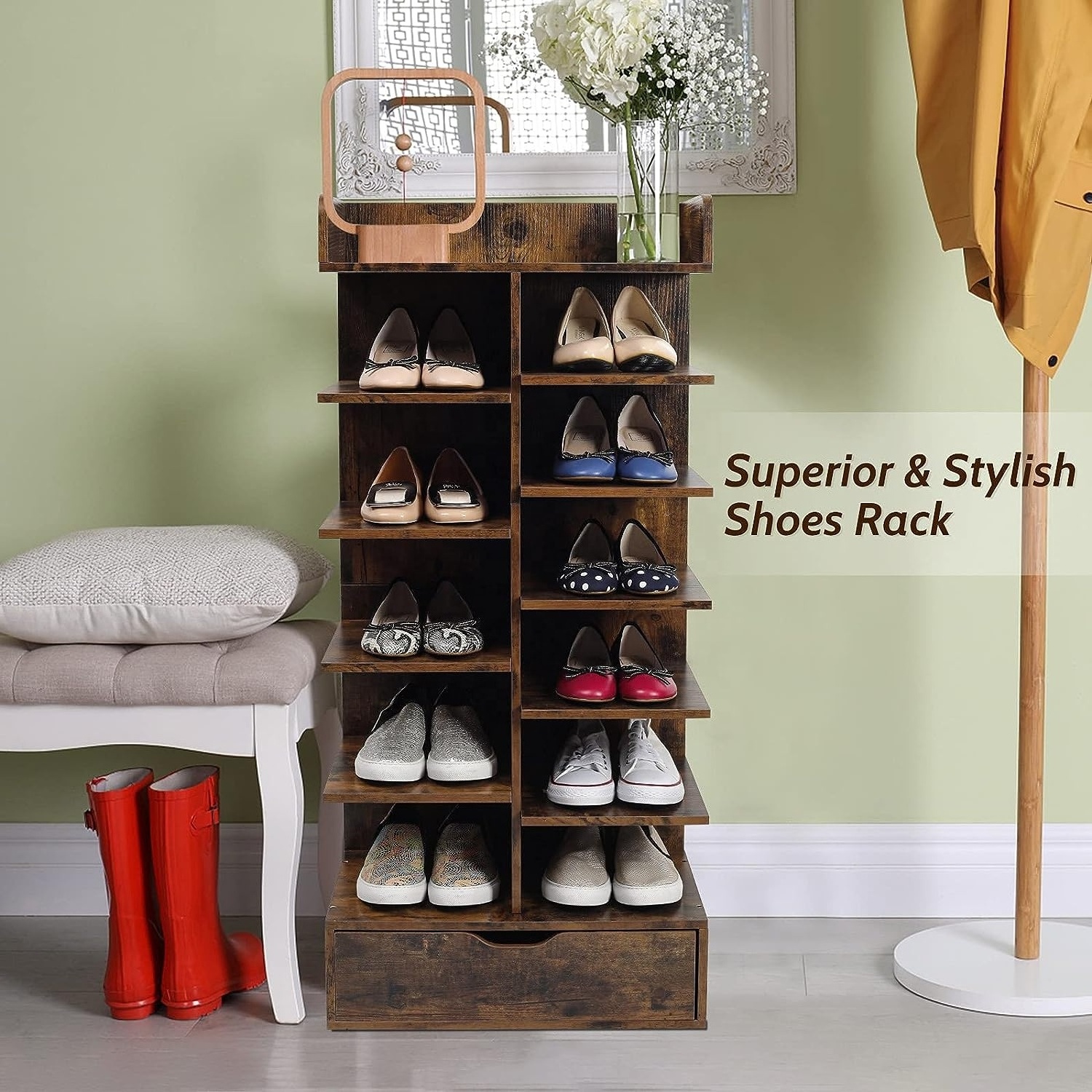 New Design Sturdy Custom entryway shoe storage organizer with hooks vertical narrow industrial shoe rack Wooden Shoe Rack Stand