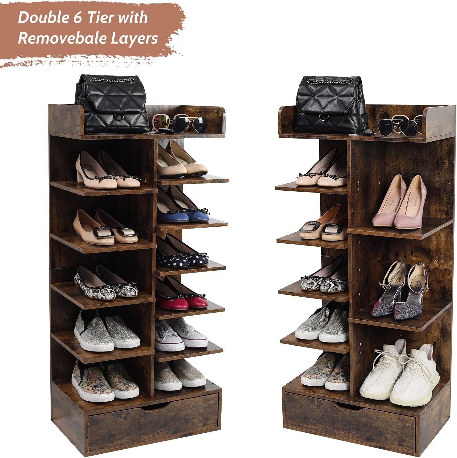 Wholesale Industrial 6 Tier Shoe Rack Wood Shoe Organizer with Drawer Storage Organizer Shelf 6 Layer Wood Shoes Stand Rack