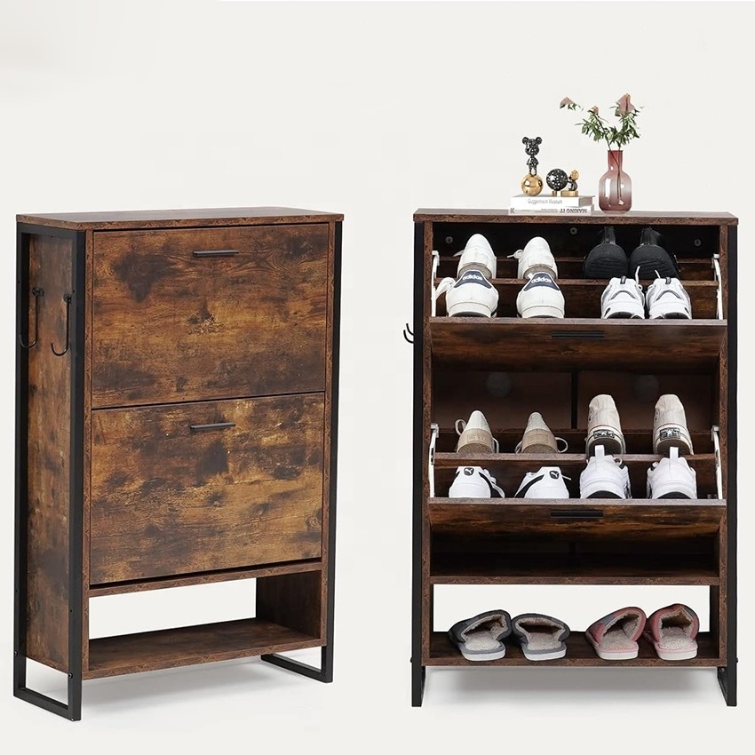 Narrow Wooden Shoe Rack Storage Cabinet with 3 Flip Drawers Living Room Entryway Application Factory Direct