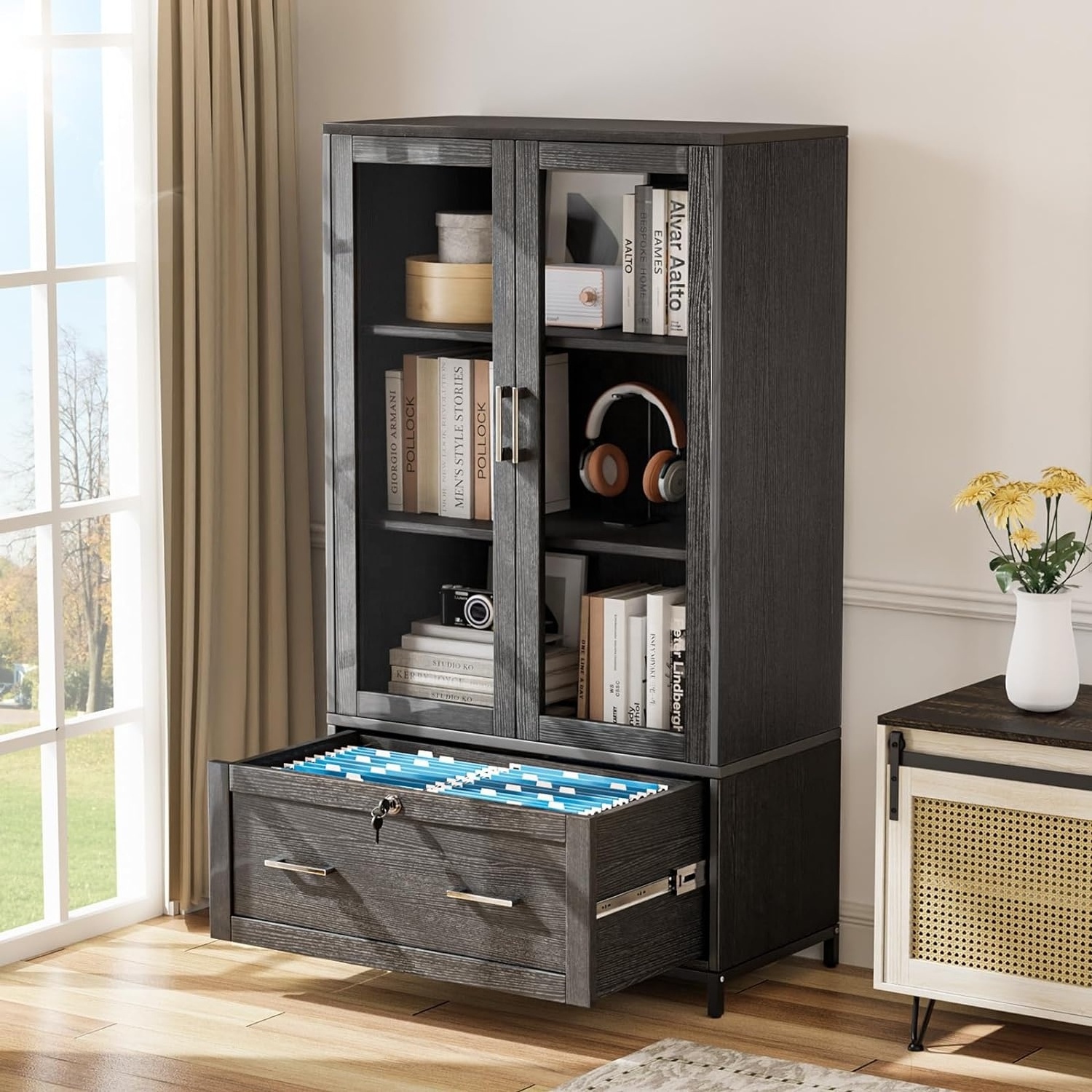 Wood Lateral File Cabinet with Bookshelf Adjustable Shelves and Glass Doors Locking Storage for Home Office