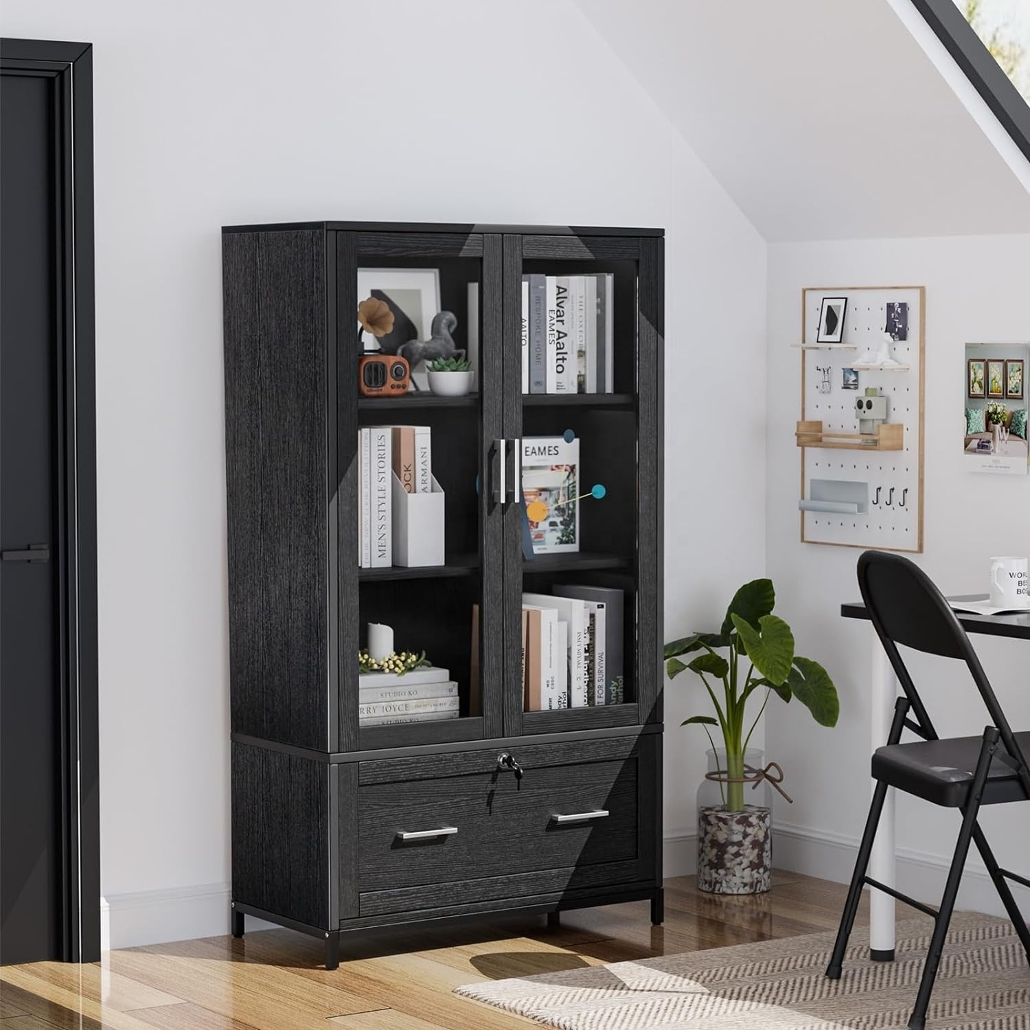 Wood Lateral File Cabinet with Bookshelf Adjustable Shelves and Glass Doors Locking Storage for Home Office