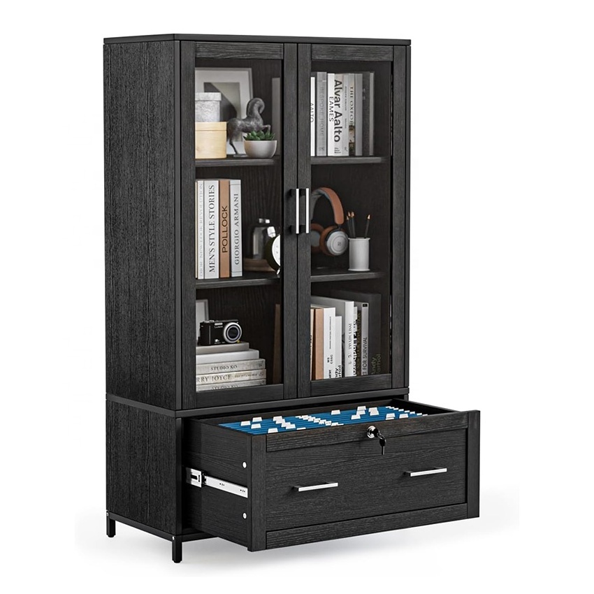 Wood Lateral File Cabinet with Bookshelf Adjustable Shelves and Glass Doors Locking Storage for Home Office